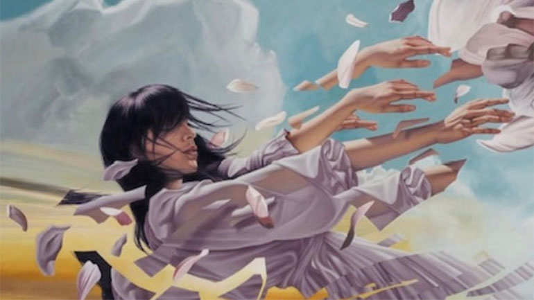 Σε τοιχογραφία στο Βερολίνο, μια γυναίκα πέφτει από τον ουρανό