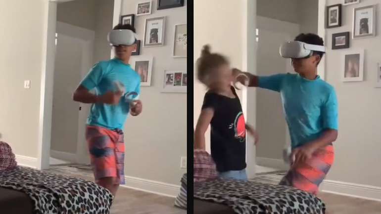 Παιδί ρίχνει μια μπουνιά παίζοντας παιχνίδι σε virtual reality