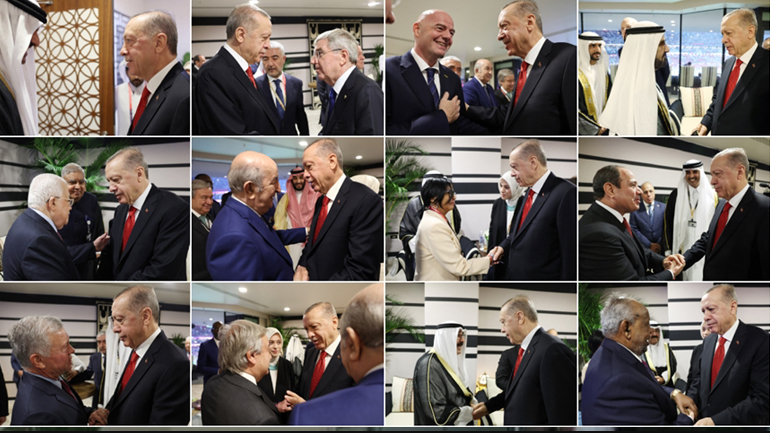 Διαδοχικές οι συναντήσεις και οι χειραψίες του Ερντογάν στην Ντόχα του Κατάρ, όπου βρέθηκε για την πρεμιέρα του Μουντιάλ