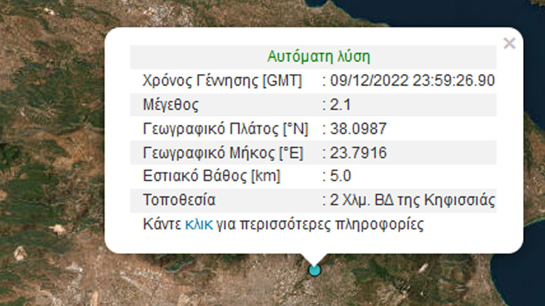 Ασθενής σεισμική δόνηση 2,1 Ρίχτερ στην Κηφισιά Ασθενής σεισμική δόνηση 2,1 Ρίχτερ στην Κηφισιά