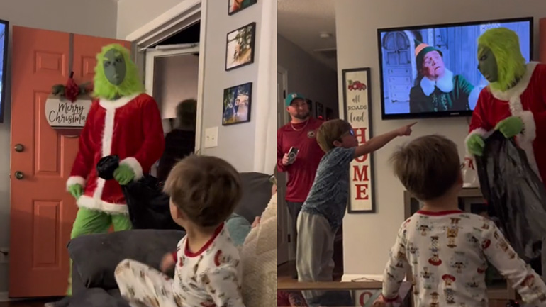 Ο Grinch μπαίνει σε ένα σπίτι για να κλέψει τα δώρα των παιδιών