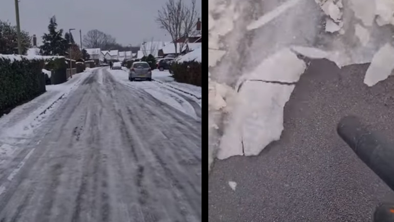 Καθαρισμός παγωμένου δρόμου με φυσητήρα