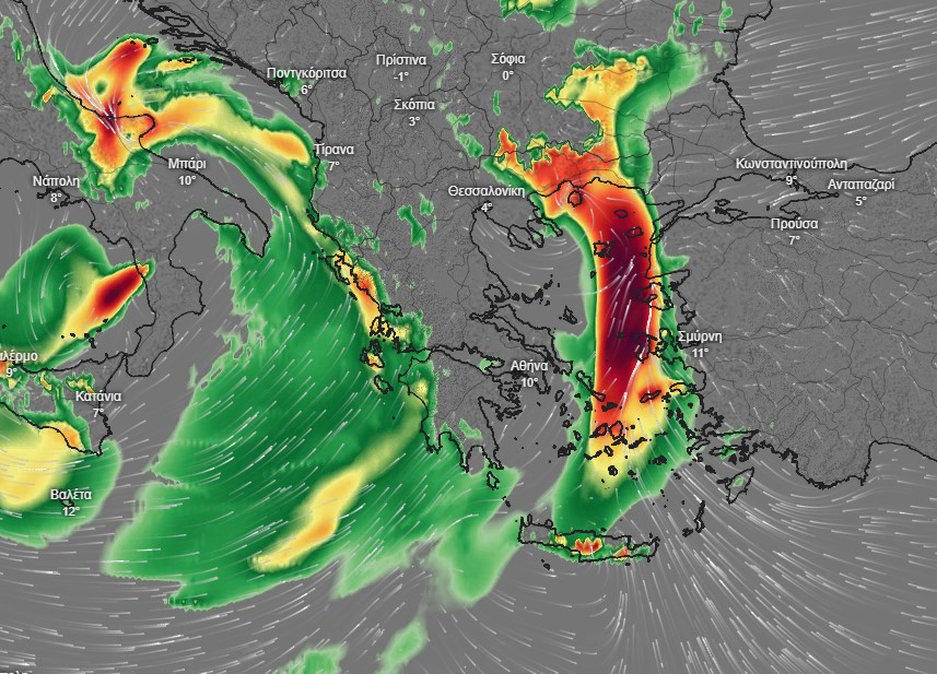 Το σύστημα την Παρασκευή το πρωί όπως καταγράφεται στις προγνώσεις των δορυφόρων