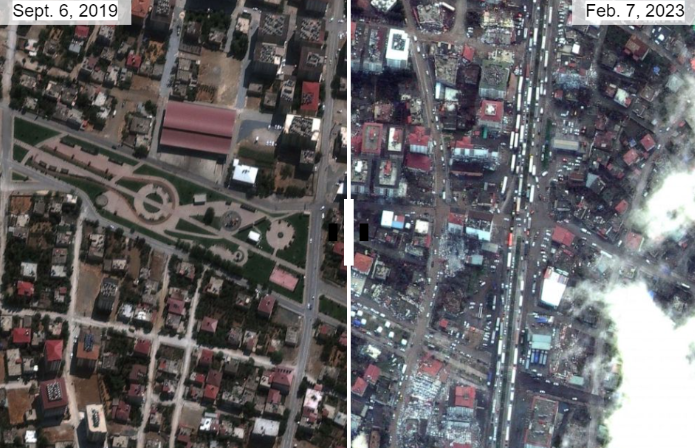 Δορυφορική φωτογραφία που αποτυπώνει το μέγεθος της καταστροφής που προκάλεσαν τα 7,8 και 7,5 Ρίχτερ στη νοτιοανατολική Τουρκία / Πηγή: Guardian 