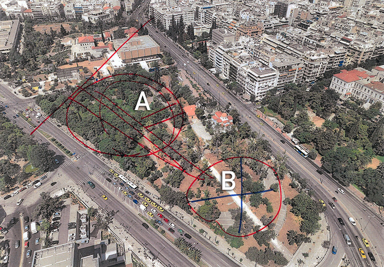 Σύμφωνα με τα σχέδια ο σταθμός πρέπει να κατασκευαστεί στο σημείο Α όπου θα κοπεί το πράσινο. Η λύση του κ. Πατέρα είναι η κατασκευή να γίνει στο σημείο Β