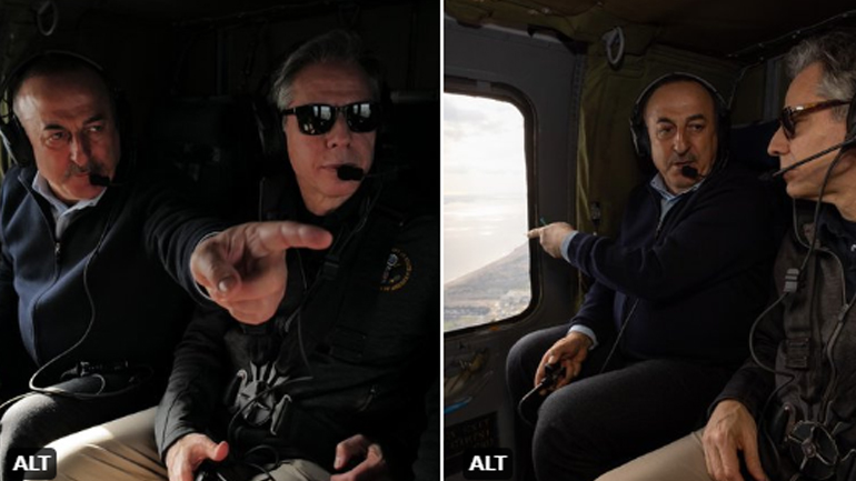 Μπλίνκεν και Τσαβούσογλου πέταξαν πάνω από τις σεισμόπληκτες περιοχές της Τουρκίας