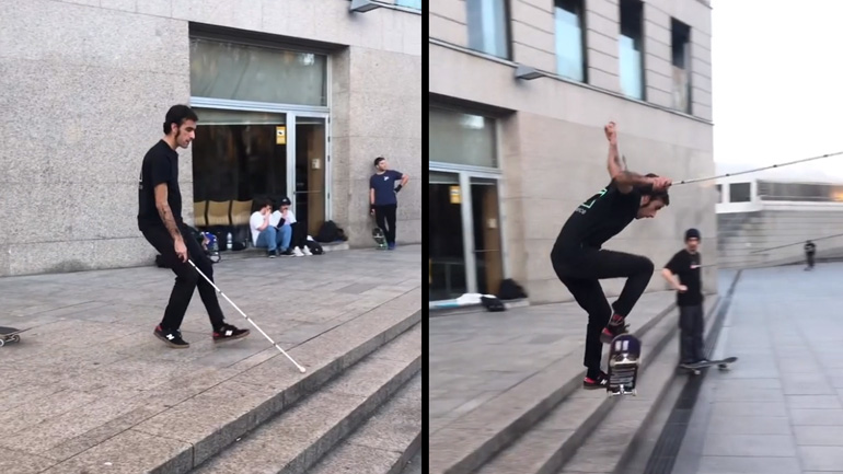 Τυφλός skater προπονείται για να πετύχει ένα κόλπο 