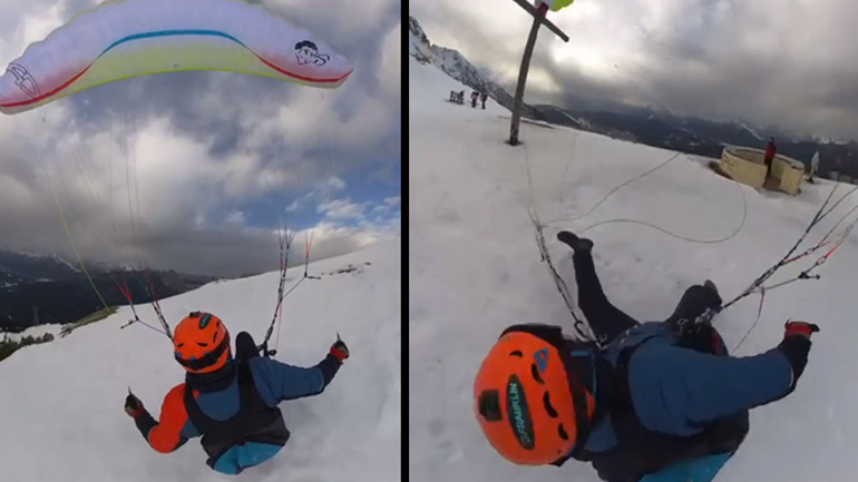 Αλεξίπτωτο πλαγιάς πετά πολύ κοντά στο βουνό