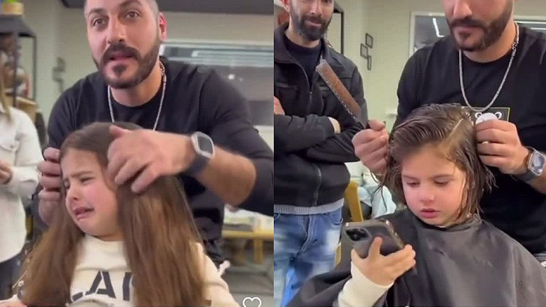 Αγοράκι με μακριά μαλλιά επισκέπτεται πρώτη φορά τον κουρέα