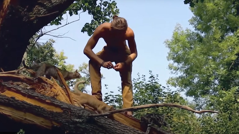 Δύο άνδρες κάνουν πεζοπορία με τις γάτες τους