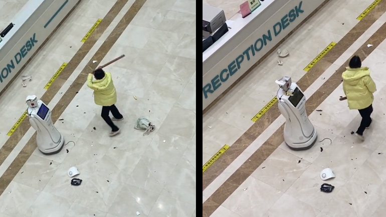 Γυναίκα χτυπάει ένα ρομπότ