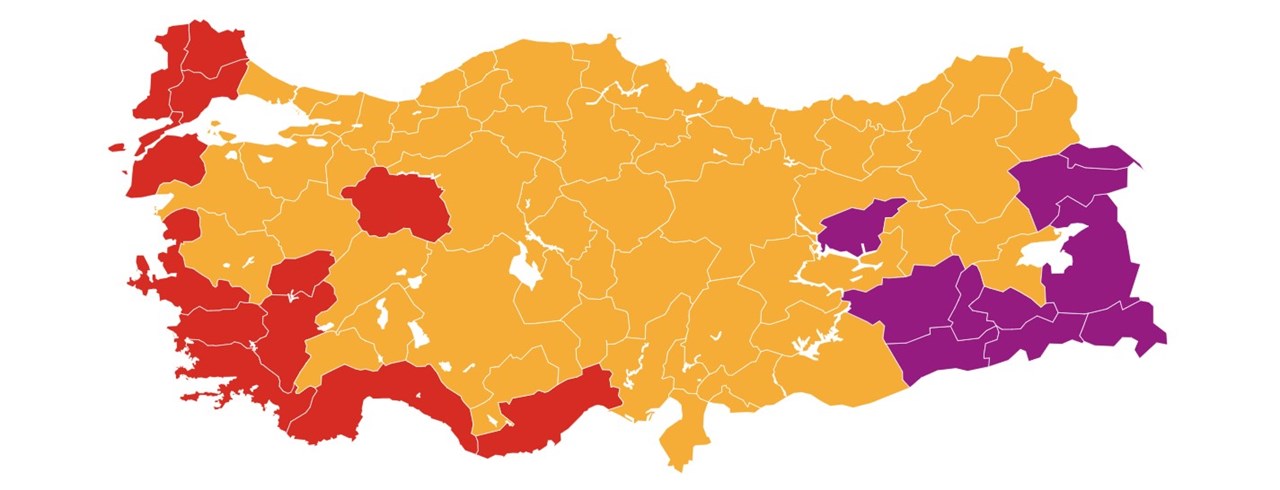 (Με κίτρινο οι περιοχές που προηγείται ο Ερντογάν. Με κόκκινο οι περιοχές που προηγείται ο Κιλιτσντάρογλου) - Γράφημα του TRT Haber, ώρα 20:44
