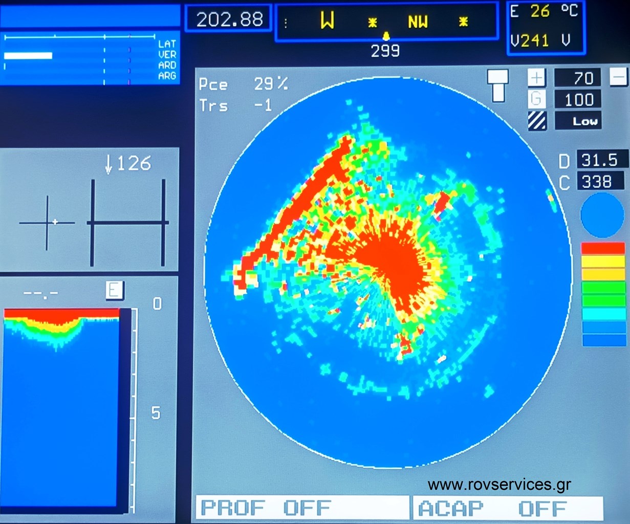 Ηχοβολιστική απεικόνιση του ναυαγίου με Imaging Sonar στα 525 khz που φέρει το υποβρύχιο τηλεκατευθυνόμενο όχημα ROV μαζί του. Διακρίνεται το ναυάγιο του HMS Triumph σε βάθος -202,88 μέτρα