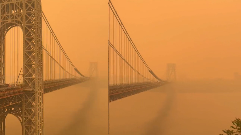 Η γέφυρα Τζορτζ Ουάσιγκτον στην πορτοκαλί ομίχλη