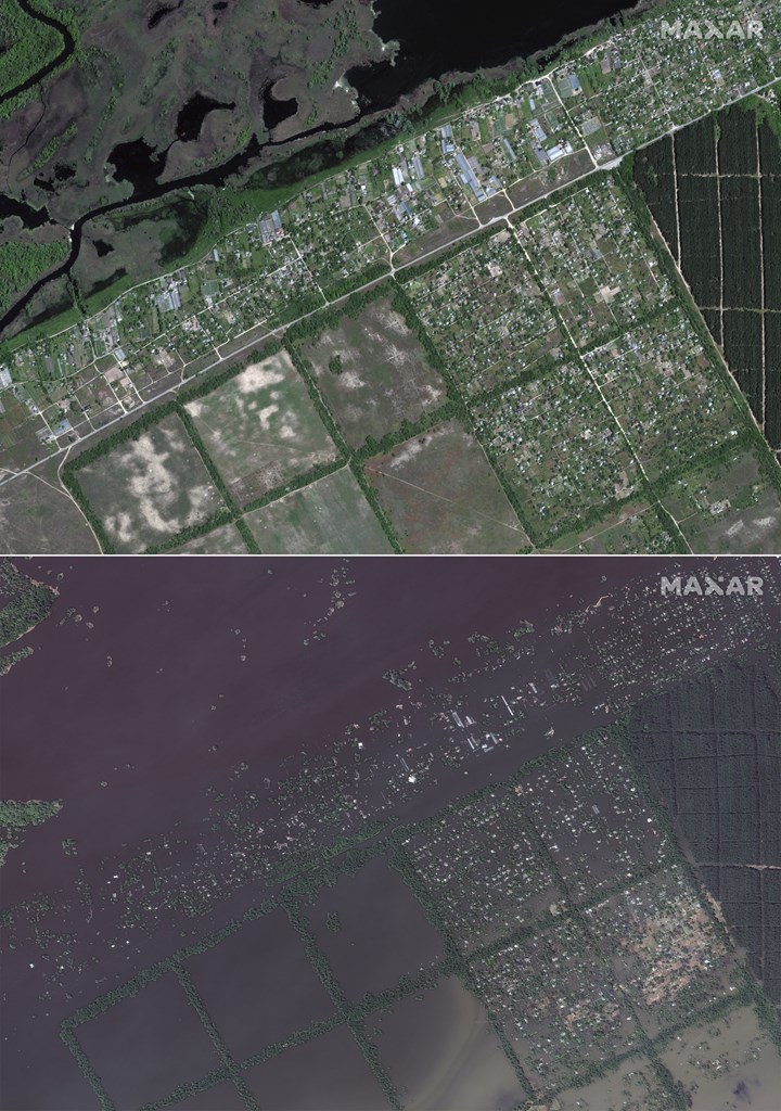 Δορυφορικές λήψεις πριν και μετά την καταστροφή του φράγματος Καχόβκα