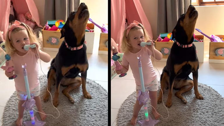 Κοριτσάκι τραγουδάει με τον σκύλο της