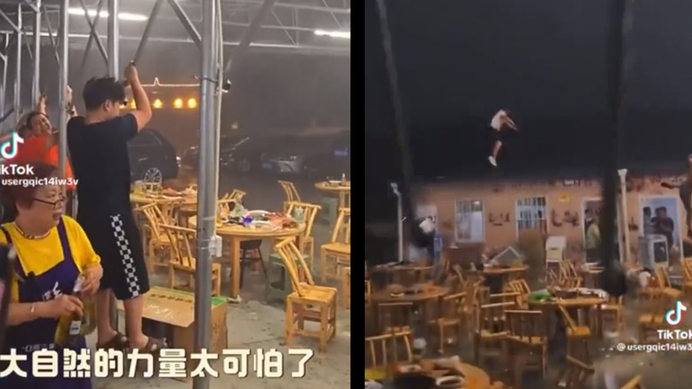 Άνθρωποι απογειώνονται στον αέρα μαζί με το στέγαστρο ενός εστιατορίου