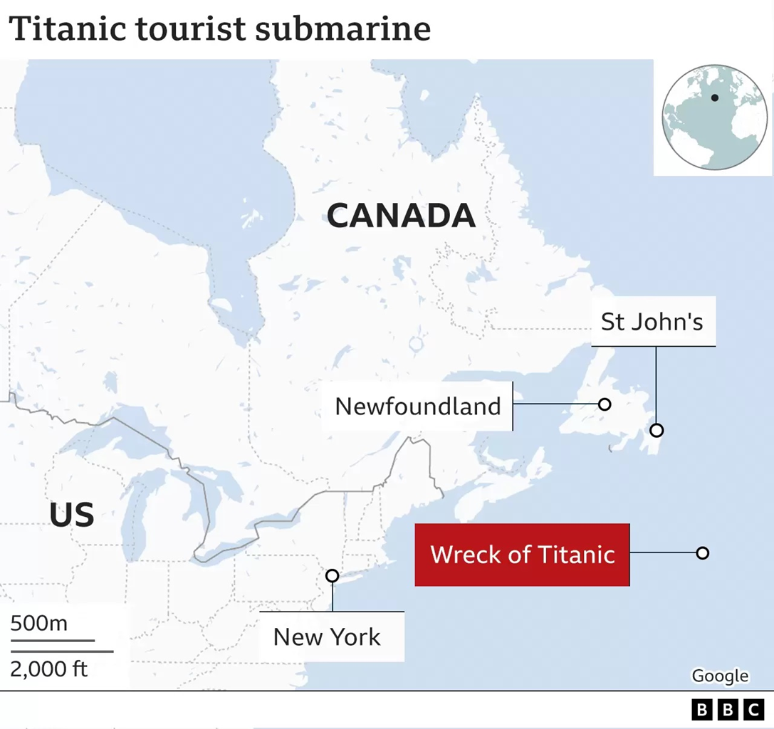 Με κόκκινο το σημείο που βρίσκεται το ναυάγιο του Τιτανικού (χάρτης: BBC).