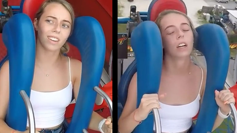 Νεαρή δοκιμάζει τη σφεντόνα στο λούνα παρκ