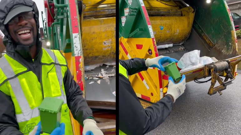 Οδοκαθαριστής αδειάζει έναν μίνι κάδο απορριμμάτων