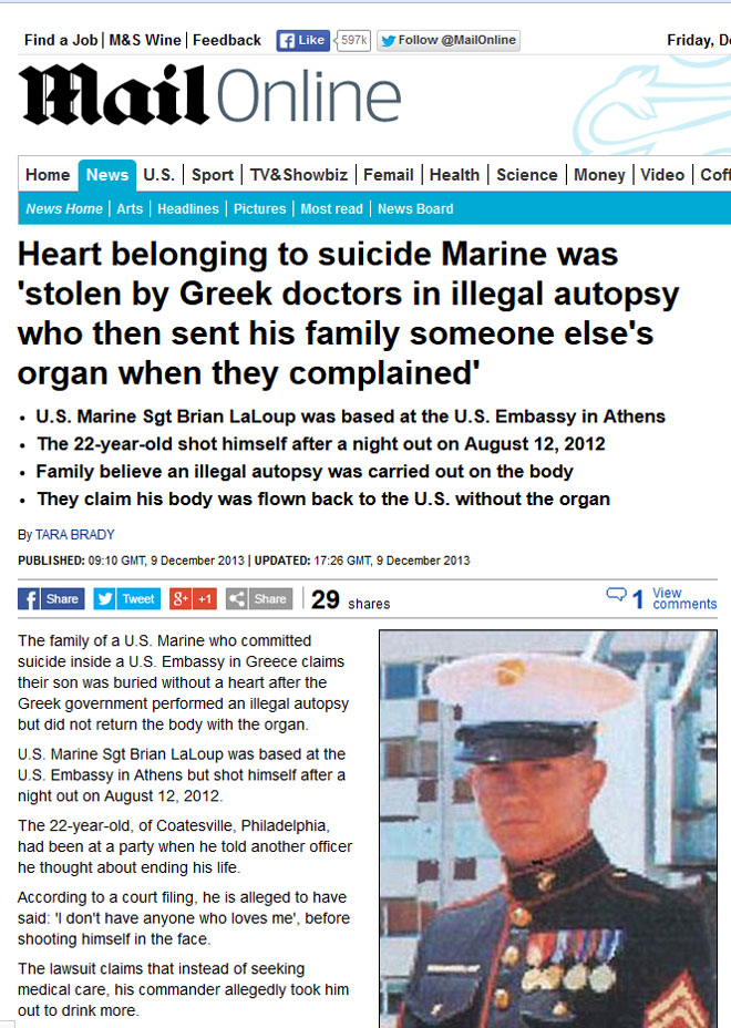 'Η καρδιά του αυτόχειρα πεζοναύτη εκλάπη από τους Έλληνες γιατρούς σε παράνομη αυτοψία' αναφέρει μεταξύ άλλων η Daily Mail