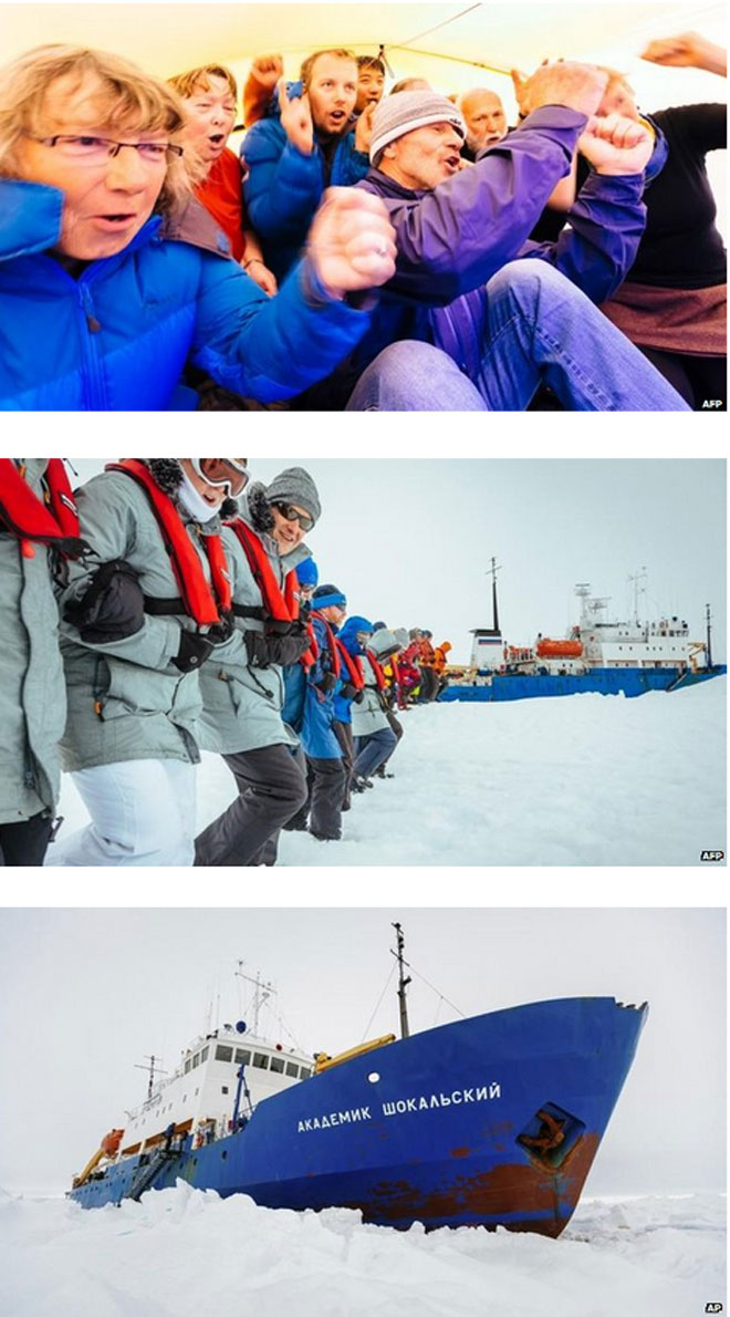 Οι επιβάτες του πλοίου (φωτό 3) που αποκλείστηκε στην Ανταρκτική από την Παραμονή των Χριστουγέννων τραγουδούν την παραμονή της Πρωτοχρονιάς (φωτό 1) και σχηματίζουν μία ανθρώπινη αλυσίδα στο χιόνι για να είναι ορατοί από το ελικόπτερο διάσωσης (φωτό 2)