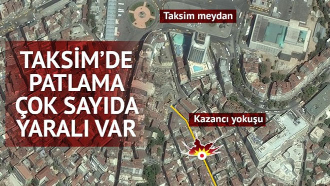 Στον χάρτη που δημοσιεύει η εφημερίδα Hurriyet διακρίνεται η μικρή απόσταση που χωρίζει το σημείο της έκρηξης από την πλατεία Ταξίμ