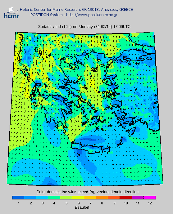 Χάρτης πρόγνωσης για την ένταση των ανέμων για τη Δευτέρα 24 Μαρτίου στις 12.00