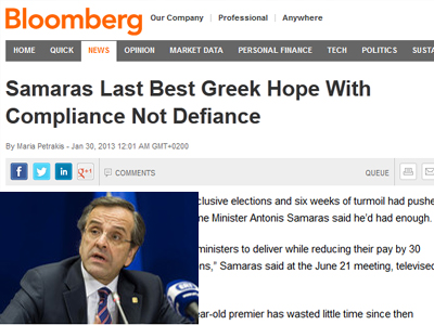 Bloomberg: «Ο Α. Σαμαράς ίσως είναι η τελευταία ελπίδα της Ελλάδας»