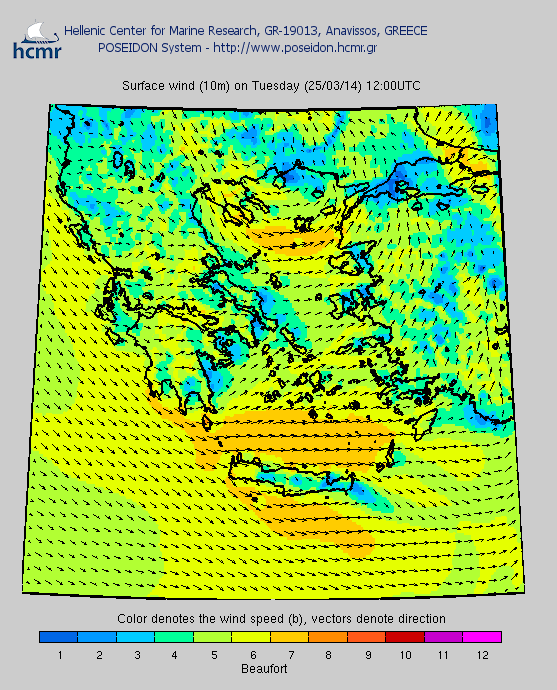 Χάρτης πρόγνωσης για την ένταση των ανέμων την Τρίτη 25 Μαρτίου στις 12.00
