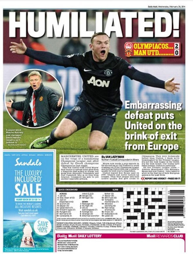 «Ταπεινωμένοι!» είναι ο τίτλος του οπισθόφυλλου της Daily Mail η οποία κάνει λόγο για «ντροπιαστική ήττα που βάζει τη Γιουνάιτεντ στο χείλος της εξόδου από την Ευρώπη».