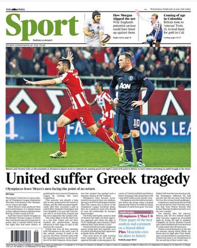 Ο Μανιάτης πανηγυρίζει και ο Ρούνι τον κοιτά ξαφνιασμένος είναι η σκηνή που καλύπτει το οπισθόφυλλο των Τimes του Λονδίνου, οι οποίοι γράφουν: «Ελληνική τραγωδία για τη Γιουνάιτεντ»