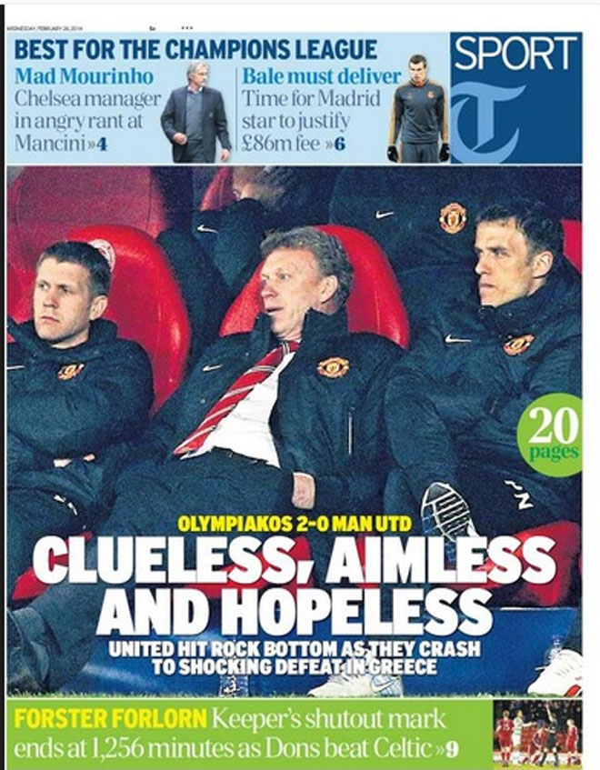 «Χωρίς ιδέα, χωρίς στόχο, χωρίς βοήθεια», γράφει στο οπισθόφυλλό της η «Telegraph», για να συμπληρώσει στη συνέχεια «Η Γιουνάιτεντ έπιασε πάτο καθώς γνώρισε ήττα- σοκ στην Ελλάδα».