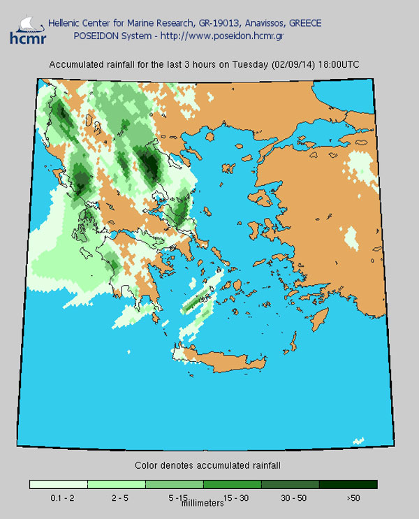 Το χρώμα δηλώνει το αθροιστικό ύψος της βροχόπτωσης το τελευταίο 3ωρο