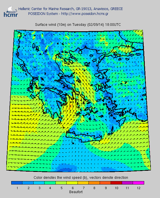 Το χρώμα δηλώνει την ένταση του ανέμου στην κλίμακα μποφόρ