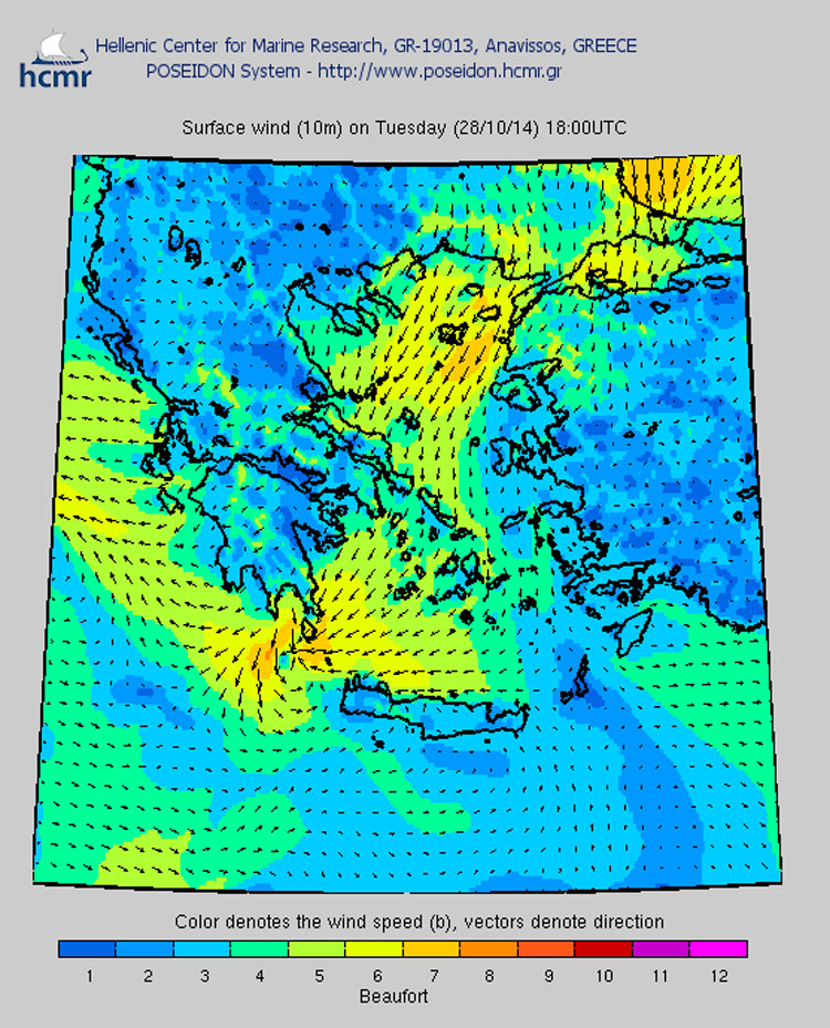 Το χρώμα δηλώνει την ένταση του ανέμου στην κλίμακα μποφόρ