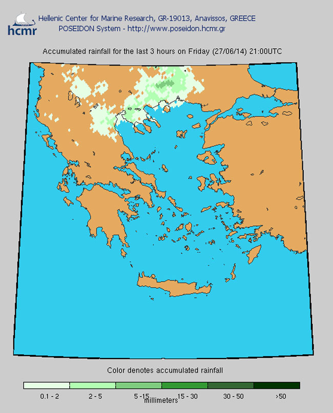 Το χρώμα δηλώνει το αθροιστικό ύψος της βροχόπτωσης ανά 3ωρο