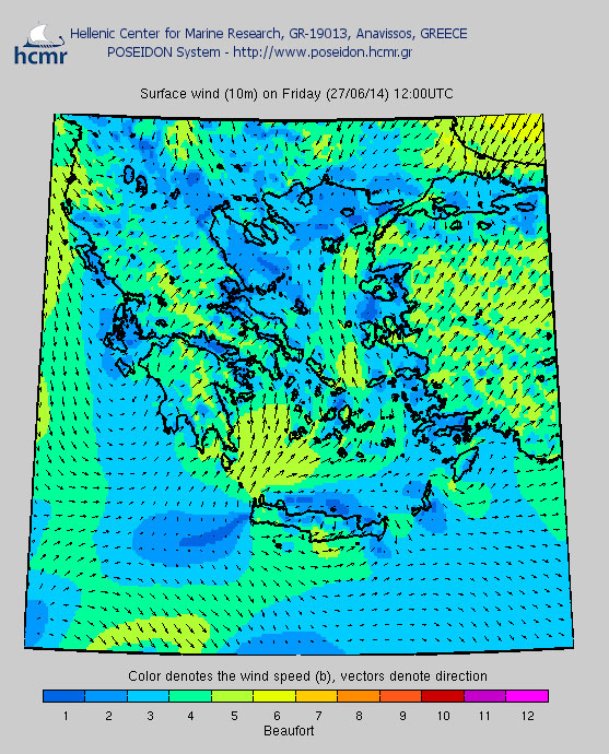 Το χρώμα δηλώνει την ένταση του ανέμου στην κλίμακα μποφόρ