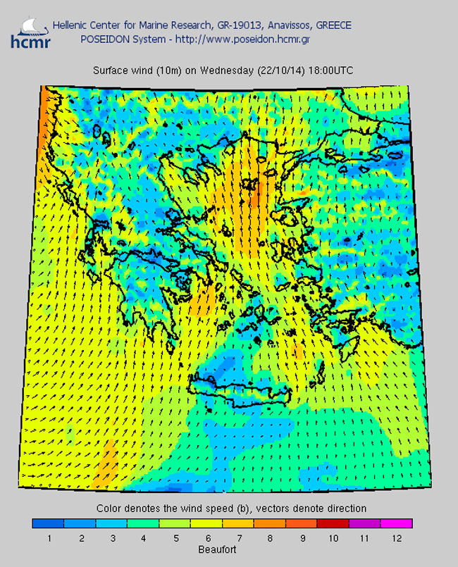 Το χρώμα δηλώνει την ένταση του ανέμου στην κλίμακα μποφόρ