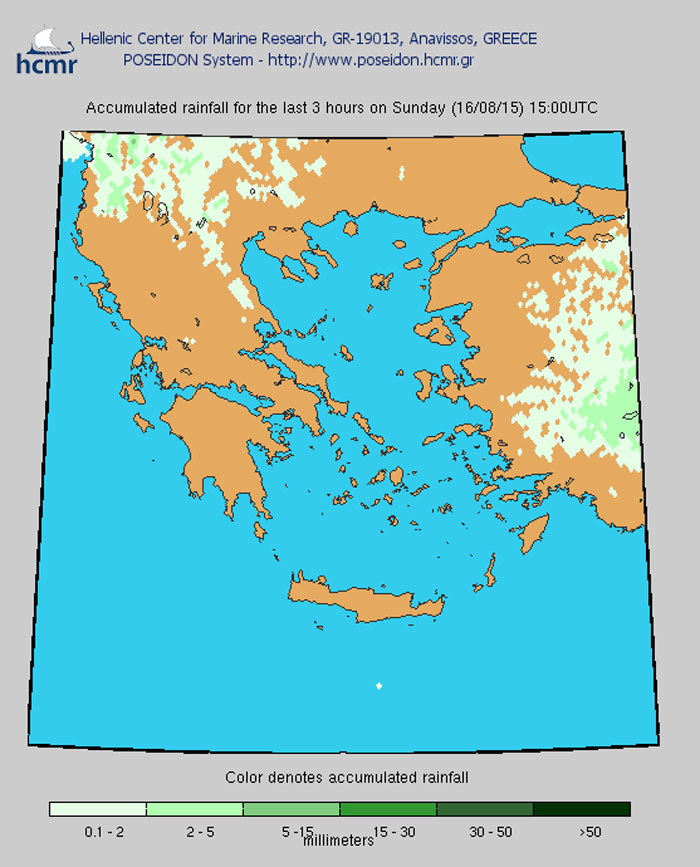Το χρώμα δηλώνει το αθροιστικό ύψος της βροχόπτωσης το τελευταίο 3ωρο (Κυριακή)