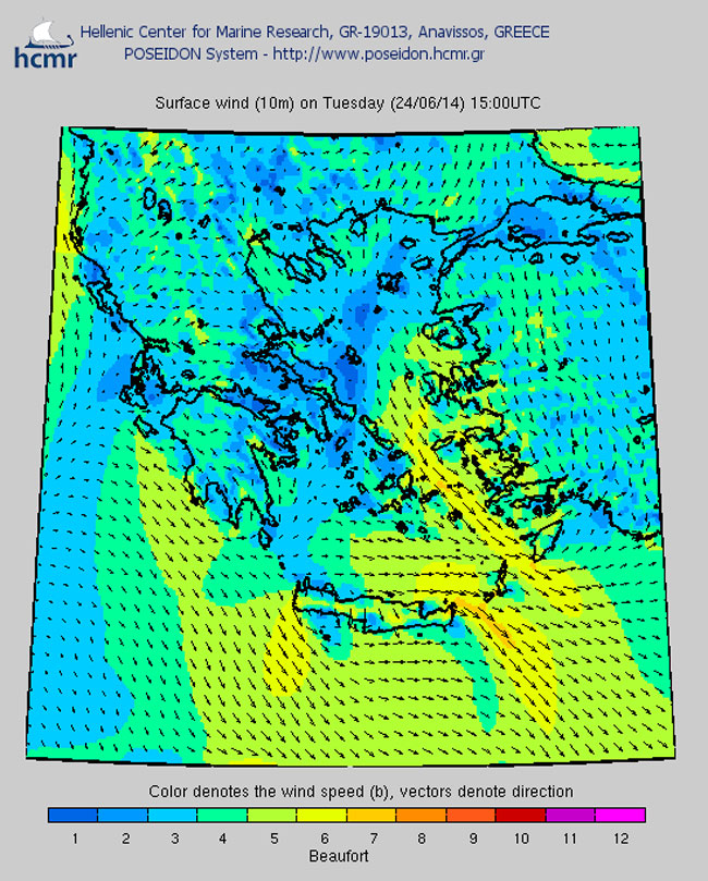 Το χρώμα δηλώνει την ένταση του ανέμου στην κλίμακα Μποφόρ
