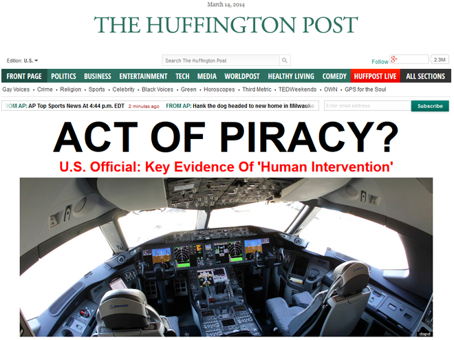 Η Huffinghton Post αναρωτιέται στο πρωτοσέλιδό της εάν πρόκειται για αεροπειρατία