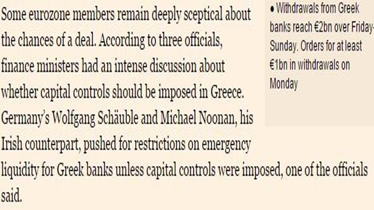 Financial Times: Σόιμπλε και Νούναν ζήτησαν capital controls για την Ελλάδα