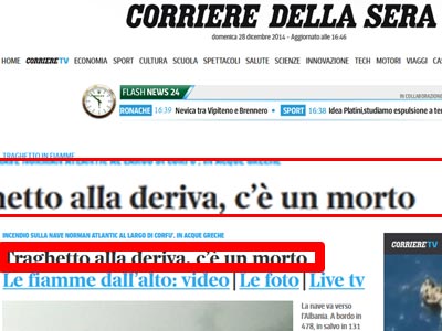 Corriere della Sera: Ένας νεκρός και δύο τραυματίες στο «Norman Atlantic»