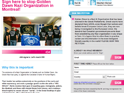 Μόντρεαλ: Μαζεύουν υπογραφές για τη Χρυσή Αυγή