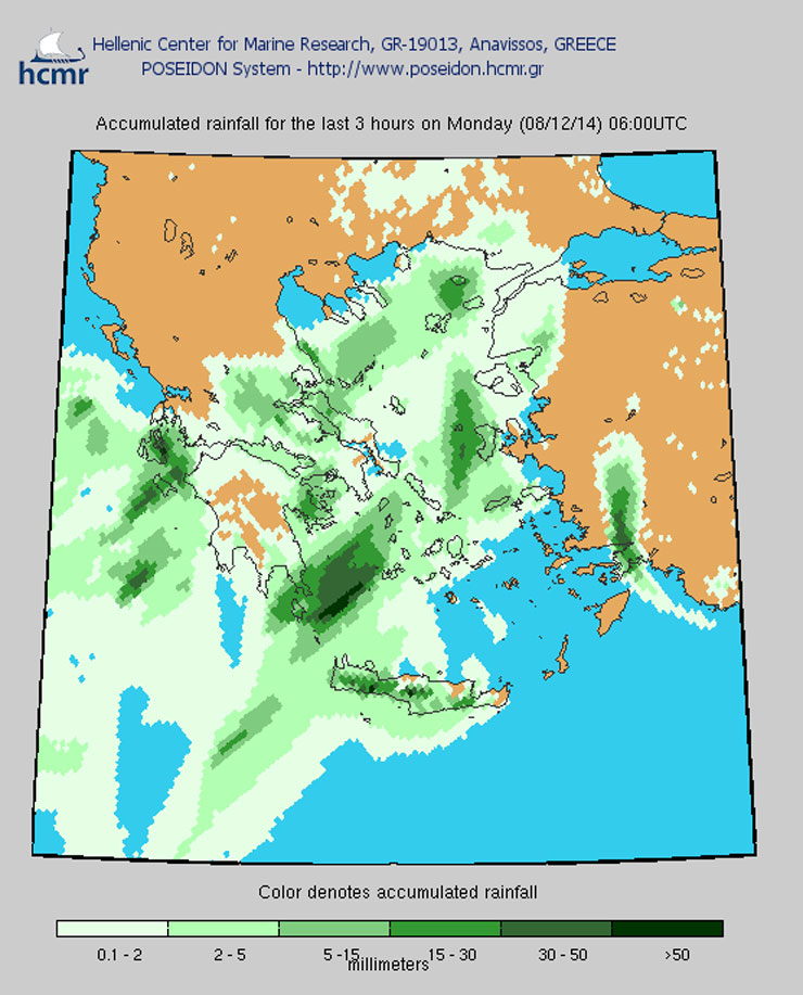 Το χρώμα δηλώνει το αθροιστικό ύψος της βροχόπτωσης το τελευταίο 3ωρο