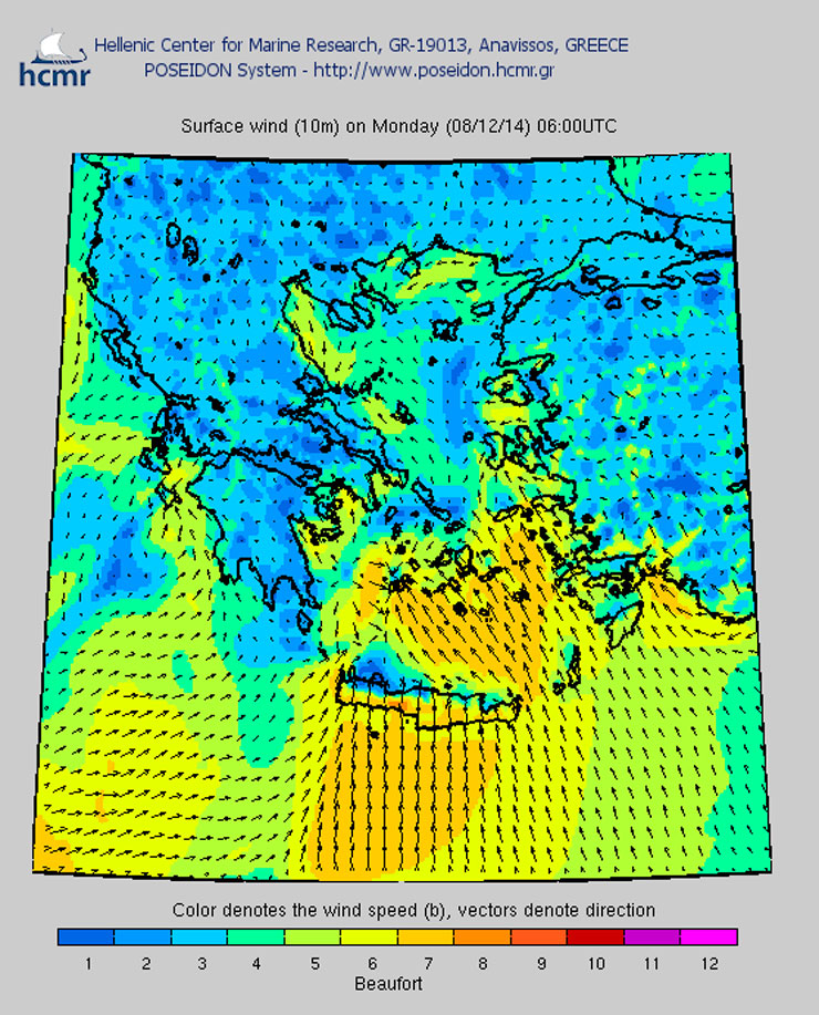 Το χρώμα δηλώνει την ένταση του ανέμου στην κλίμακα Μποφόρ