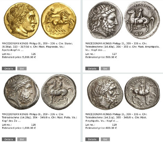 Ο γερμανικός οίκος δημοπρασιών Gorny and Μosch δημοπρατεί αρχαία νομίσματα της εποχής του Φιλίππου και του Μεγάλου Αλεξάνδρου, τα οποία προέρχονται από την Αμφίπολη