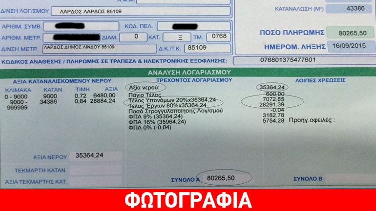 Ρόδος: Λογαριασμός νερού 80.000 ευρώ