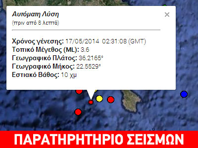 Σεισμός 3,6 ρίχτερ στα Κύθηρα